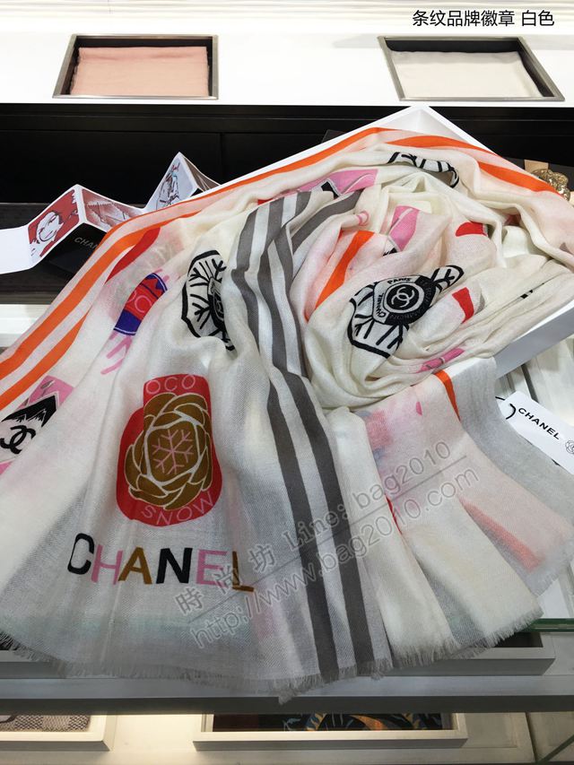 CHANEL圍巾 秋冬新款 條紋品牌徽章 香奈兒頂級純山羊絨女圍巾  llwj6743